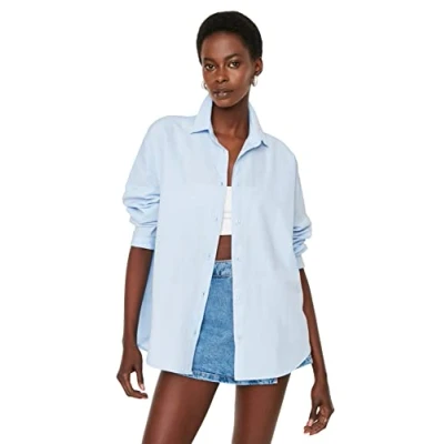 Afbeelding van Trendyol Lichtblauw Katoenen Oversized Geweven Overhemd Met Brede Pasvorm Twoss22Go0669