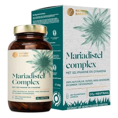 Afbeelding van Nature Basics® Mariadistel capsules hooggedoseerd gecertificeerd &amp; duurzaam in een potje 180 met 80% silymarine 2,5% cynarine 250mg per dagelijkse dosis het laboratorium getest, zonder toevoegingen CO2 neutraal
