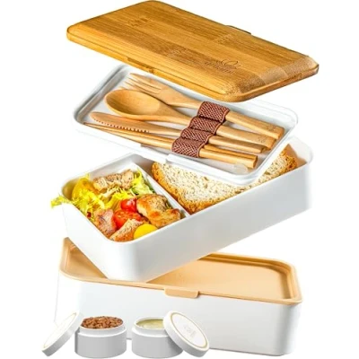 Afbeelding van UMAMI All in 1 1.2L Bento Box Adults with Cutlery &amp; 2 Sauce Containers as Lunchboxes Salad Snack or Lunchbox Leakproof Compartments for Meal Preparation