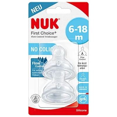 Afbeelding van NUK First Choice+ Flow Control Drinkzuiger voor babyflessen, 6 18 maanden, anti colic ventiel, BPA vrij, 2 stuks