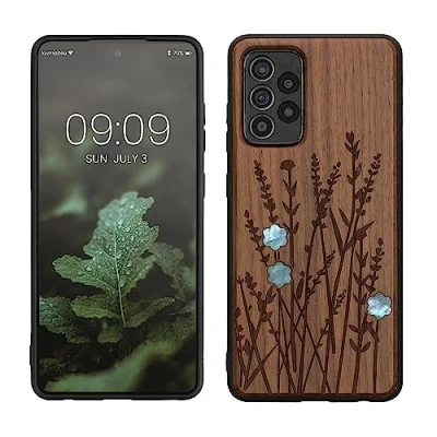 Afbeelding van kwmobile telefoonhoesje geschikt voorSamsung Galaxy A52 / 5G A52s Hoesje met bumper walnoothout In donkerbruin Parelmoer lavendel design