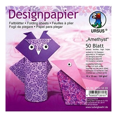 Afbeelding van Ursus 22845599 Designpapier Amethist, 50 vellen in 10 verschillende motieven, ca. 15 x cm, 100 g/m², aan beide zijden bedrukt, ideaal voor het vouwen van creatieve origami dieren