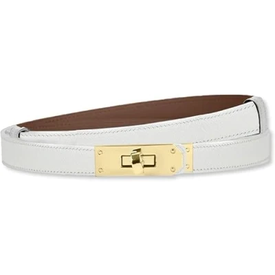 Afbeelding van HEVIBK Vrouwen Skinny Lederen Riem Klassieke Effen Kleur Legering Turn Lock Dames Verstelbare Slanke Dunne Taille (wit/goud), Eén maat