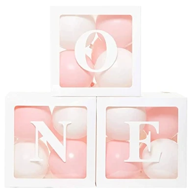 Afbeelding van 1e verjaardagsfeestdecoratiedozen voor jongens en meisjes, 3 stuks witte ballondozen met één letter babyshower, ballonblokken 1 eenjarige verjaardagsfeestbenodigdheden, eerste