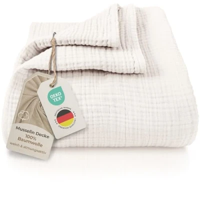 Afbeelding van LAYNENBURG Premium mousseline sprei 150 x 200 cm 100% katoen extra zachte katoenen deken als knusse deken, bed throw, sofa bank throw warme (crème)