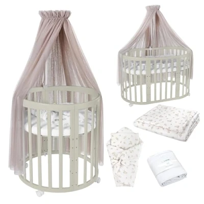 Afbeelding van Waldin Ovale Babybedset 7in1 Babybedje met Matras, Commode, Meegroeiwiegje, Houten Zijbed, Hout Olijf, Stoffen Taupe Takken