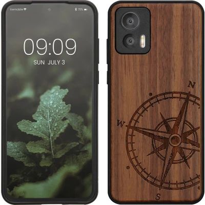 Afbeelding van kwmobile telefoonhoesje geschikt voorMotorola Edge 30 Neo Hoesje met bumper walnoothout In donkerbruin Vintage Kompas design