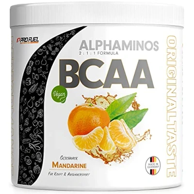 Afbeelding van BCAA poeder 300 g Mandarine Alphaminos 2:1:1 drank met 8000 mg ongelooflijk lekkere smaak, essentiële aminozuren (EAA) leucine, isoleucine en valine veganistisch laboratorium getest