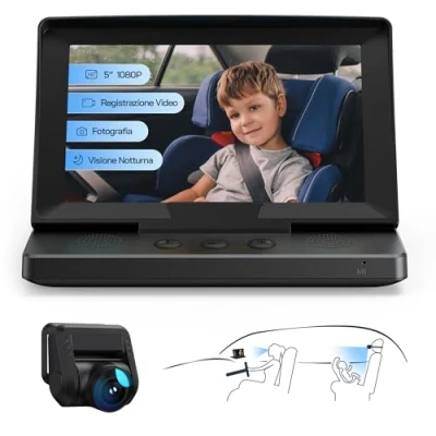 Afbeelding van WOLFANG Baby autospiegel, 5 inch HD nachtzichtfunctie, autospiegelweergave, veiligheidsautostoelspiegel, camera bewaakte spiegel met breed kristalhelder zicht, gericht op baby, observeer gemakkelijk