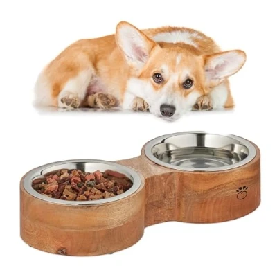 Afbeelding van Relaxdays dubbele hondenvoerbak met standaard eet en drinkbak rvs &amp; hout 1 liter