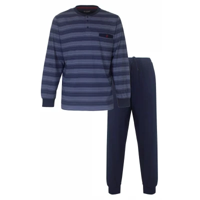 Afbeelding van Paul Hopkins Heren Pyjama Gestreept Dessin Polo Sluiting Navy Blauw. Maat L
