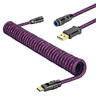 Afbeelding van MAMBASNAKE C05 Custom Opgerolde USB C Kabel voor Gamingtoetsenbord, Nylon Braidedn, A naar C, Mechanische Toetsenbordkabel met Dubbele Mouwen en CNC Metalen Luchtvaartconnector, 4.92ft Roze