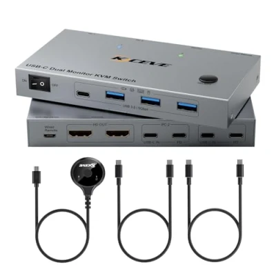 Afbeelding van YOUTINGHDAV KVM Switch 2 PC monitoren USB C, 3.0 Dual Monitor HDMI 4K @60Hz voor laptops, MST, 80W PD, met C kabels en bekabelde afstandsbediening