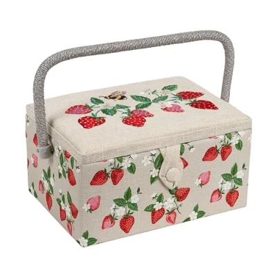 Afbeelding van Hobby Gift Exclusieve medium naaidoos, knutseldoos, accessoirelade, speldenkussen, PVC handgreep, 18,5 x 25,5 14,5 cm, Geborduurde aardbeien