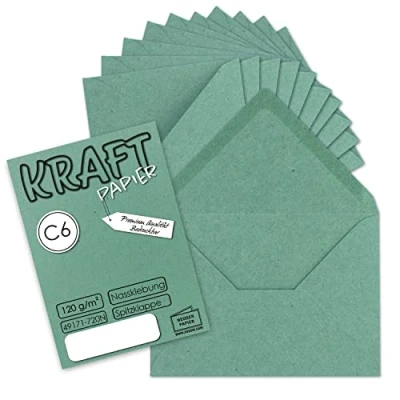 Afbeelding van enveloppen van kraftpapier, DIN C6, eucalyptusgroen, 11,4 x 16,2 cm, zonder venster, vintage met natte plakrand, puntklep, 100 stuks NEUSER PAPIER