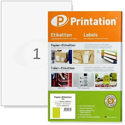 Afbeelding van Printation Universele zelfklevende etiketten 210 x 297 mm wit bedrukbaar 25 vellen à 1 zelfklevend A4 etiket per vel 3478 6119 4631
