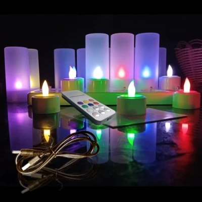 Afbeelding van Qsportpeak Ledkaarsen, theelichtjes, oplaadbaar, 12 stuks, vlamloze leds, op batterij, flikkerende theelichtjes met laadstation, afstandsbediening, matte houders, voor bruiloft, Halloween, Kerstmis,