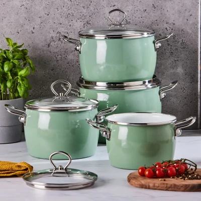 Afbeelding van Altom Design Balbina 8 delige Emaille Pannenset Groen Geëmailleerde Handgemaakte Kookset Groene Vintage Kookpannenset
