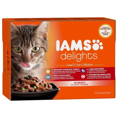 Afbeelding van Iams Delights Land&amp;Sea Collection In Saus Multipack Kattenvoer Vlees Vis 12x85 g