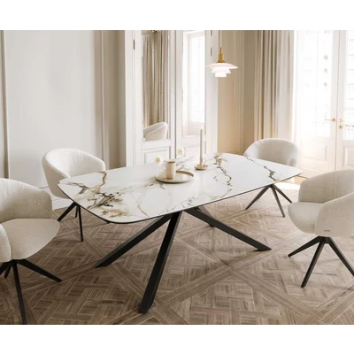 Afbeelding van Eetkamertafel Edge wit goud grijs Boot keramiek Calacatta Luxe 200x100 kruisframe rechthoek zwart