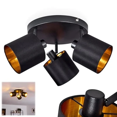 Afbeelding van plafondlamp Alsen, ronde van metaal/stof in zwart/goud, 3 lichts, met verstelbare spots, x E14, spot stoffen kappen retro/vintage design, zonder gloeilampen