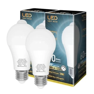 Afbeelding van LUTW Lamp met bewegingsmelder, ledlamp E27, PIR sensor, koud wit, 6000 K, 9 W, 900 lm, veiligheidsverlichting automatisch aan/uit voor hal, garage, 2 stuks