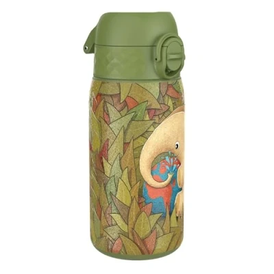Afbeelding van ION8 Roestvrijstalen Kinderwaterfles, 400 ml/13 oz, Lekvrij, Makkelijk te Openen, Veilige Vergrendeling, Vaatwasserbestendig, Flipdop, Draaggreep, Duurzaam, Metalen Drinkfles, Olifant Design