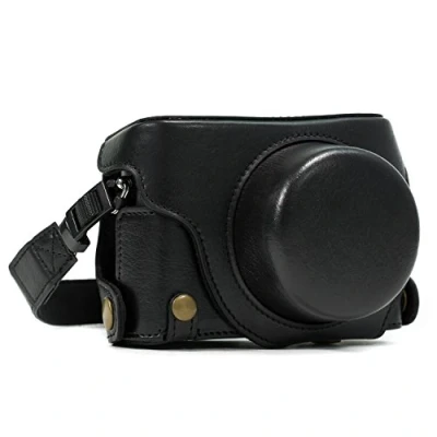 Afbeelding van MegaGear Panasonic Lumix DMC lx100 Ever Ready leren camera case met draagriem en batterijtoevoer zwart MG661