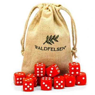 Afbeelding van Waldfelsen 6, 12, 20, 30 of 50 hoogwaardige dobbelstenen, standaardformaat, 16 mm, acryldobbelstenen, speeldobbelstenen, 6 zijdig, zeszijdig speelaccessoireset met stoffen zak (rood, 12