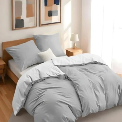 Afbeelding van Dreamzie 2 dekbedovertrekken 135x200 cm met kussenslopen 80x80 lichtgrijs/wit beddenset van 100% microvezel 4 stuks gecertificeerd vrij chemicaliën (Oeko TEX)