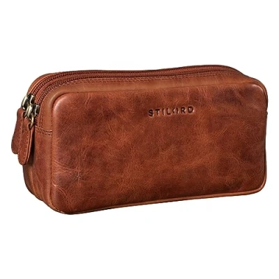 Afbeelding van STILORD &#039;Eddie&#039; Leren Pennenetui Lederen Etui Grote Pennenkoker met 2 Ritsvakken Vintage Pennenbakje Cosmeticatasje Potloodetui Echt Leer, Kleur:kara cognac