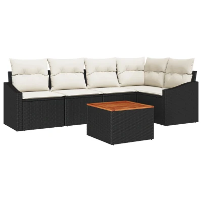 Afbeelding van vidaXL 6 delige Tuin Sofaset met Kussens Zwart Poly Rattan Acacia