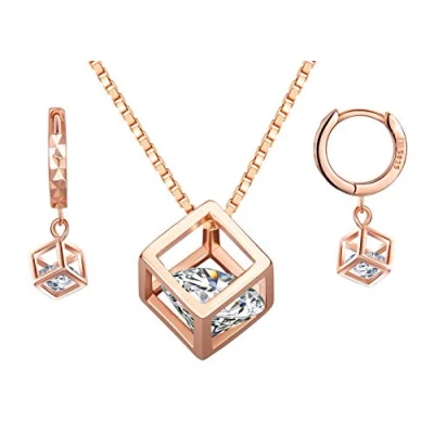 Afbeelding van Yumilok Oorstekers voor dames, halsketting, ketting met magische kubus, hanger, zirkonia, solitaire oorbellen, creolen, sieradensets, cadeau vrouwen en meisjes, roségoud, Sterling zilver, Zirkonia