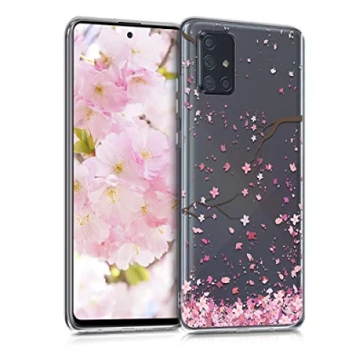 Afbeelding van kwmobile telefoonhoesje geschikt voor Samsung Galaxy A71 Hoesje smartphone in poederroze / donkerbruin transparant Kersenbloesembladeren design
