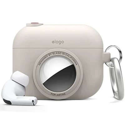 Afbeelding van elago Instant beschermhoes compatibel met AirPods Pro, AirTag, klassiek camera design, sleutelhanger inbegrepen [Tracking apparaat niet inbegrepen] (Stone)