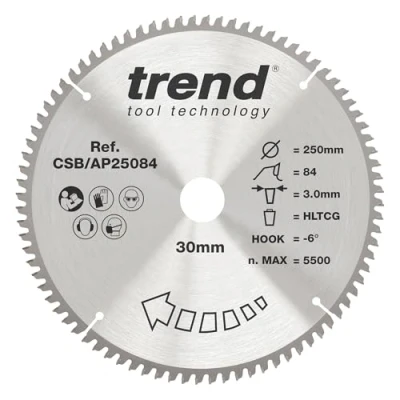 Afbeelding van Trend CraftPro werkblad voor aluminium en kunststof met TCT cirkelzaagblad, 250 mm diameter x 84 tanden 30 asgat, wolfraamcarbide getipt, CSB/AP25084