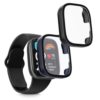 Afbeelding van kwmobile 2x cover geschikt voor Xiaomi Redmi Watch 3 Active / Lite Fitnesstracker van gehard glas en kunststof frame set zwart donkerblauw