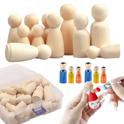 Afbeelding van 50 stuks houten figuren, poppen, beeldjes, decoratie voor meisjes, kleine figuren om zelf te maken, bruiloft, verjaardag, decoratie, beschilderen, knutselen (met transparante doos)