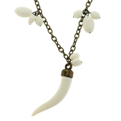 Afbeelding van Behave Lange ketting antiek goudkleur met witte kralen hangers en tand