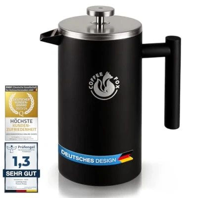 Afbeelding van Coffee Fox® French press koffiepot gemaakt van dubbelwandig roestvrij staal Zwarte persfilterkan Franse koffiepers (Zwart 350 ml)