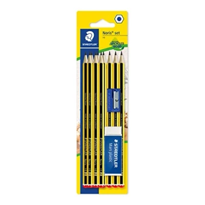 Afbeelding van STAEDTLER Potlood Noris 120 set met 10 x potloden gemaakt van geupcycled hout in hardheid HB, 1 Mars plastic gum en puntenslijper, hoge kwaliteit, Made Germany, 120S1BK10D