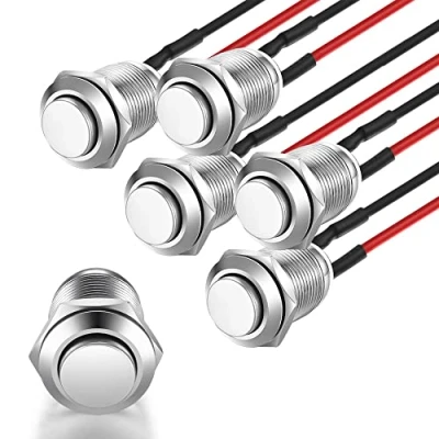 Afbeelding van Gebildet 5Stks Voorbedrade Waterdichte Drukknop Momentary Rvs Op Off 12mm 2A 12V/24V/125V/250V AC (Hoge Hoofd)