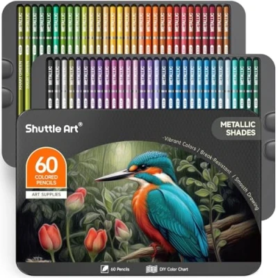 Afbeelding van Shuttle Art 60 metallic kleuren kleurpotloden set, professioneel kleurpotlood met metalen doos, zachte kern kleurpotloden, tekenkunst potloden voor kunstenaars volwassen beginners kleurboek, schetsen