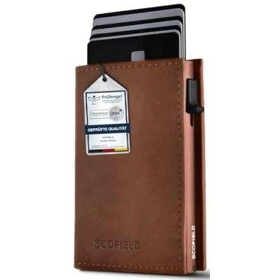 Afbeelding van SF SCOFIELD Duality Classic Slim Wallet met muntvak, kaartenetui voor heren 9 10 kaarten, portemonnee RFID bescherming, creditcardhouder, Vintage Brown Caramel Brown, Magnetverschluss +