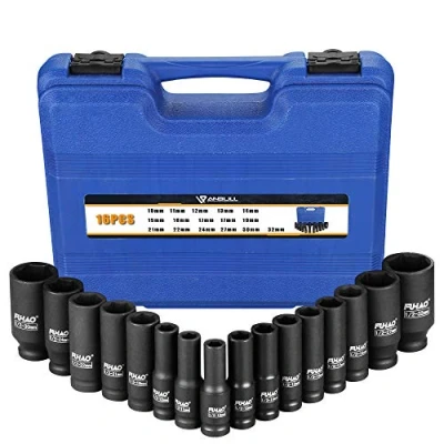 Afbeelding van FUHAO 1/2&quot; drive diepe impactdopset, 16 delige metrische doppensets, 6 punt, 10 32 mm, Cr V staal, zwaar belastbare opbergdoos
