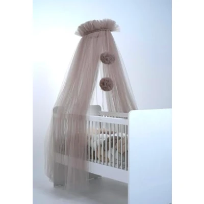Afbeelding van Babybedhemel van tule, bedhemel voor babybed, prinses babywieg, bijzetbed baby, muggennet, babykamer decoratie, baldakijn kinderkamer 165 cm lang, met pompons, taupe (taupe)