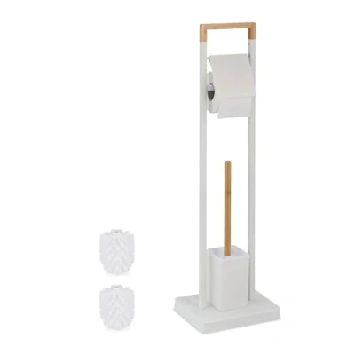 Afbeelding van Relaxdays toiletaccessoires set, bamboe, rvs, modern, vrijstaande wc rolhouder, toiletborstel met houder, wit/natuur