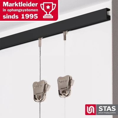 Afbeelding van STAS Schilderijrail Ophangsysteem Schilderijen / Fotolijsten Poster Ophangrails Zonder Boren Ophanghaak Ophangrek Schilderijrails Minirail Zwart 150 cm Complete Kit