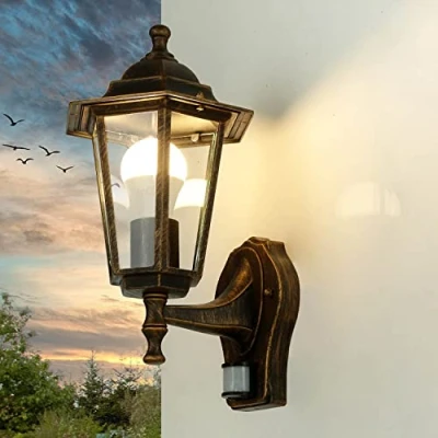 Afbeelding van Licht Erlebnisse wandlamp met bewegingsmelder, aluminium glas in koper antiek IP44 tuin D: 23 cm E27 sensor rustieke outdoor PARIS
