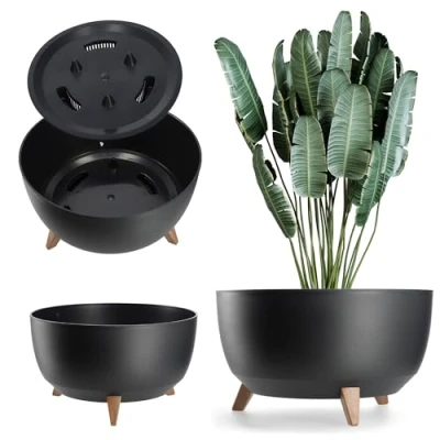 Afbeelding van KADAX Bloempot van kunststof met drie insteeksteunen, ronde bloembak, plantenschaal voor balkon, woonkamer (diameter 47 cm, zwart)